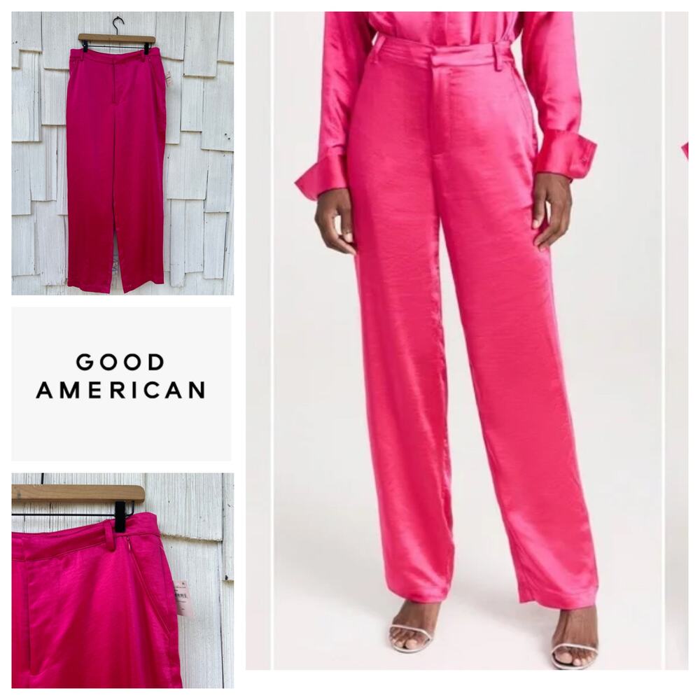NWT Good American Washed Satin Wide Leg Pants High Waist Love Potion Pink‎ 12/31